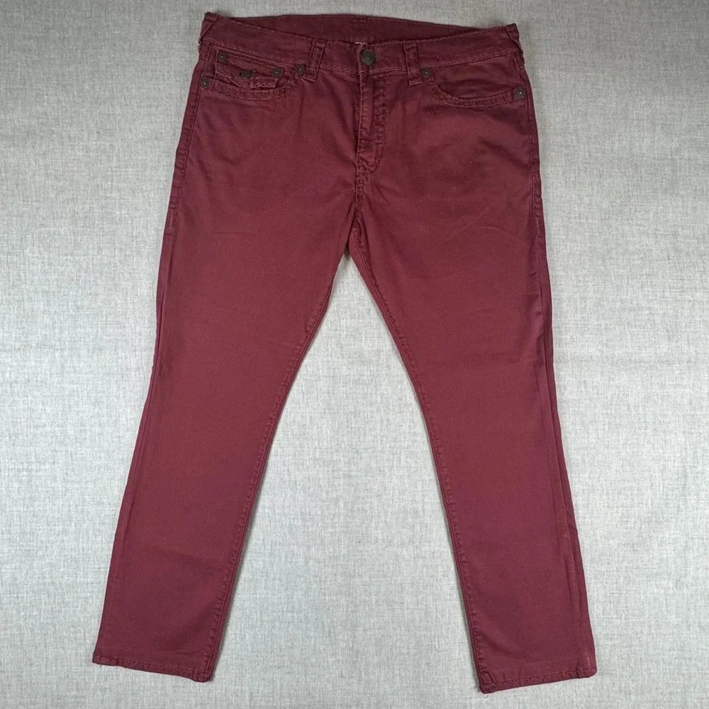 True Religion Geno Relaxed Slim Jeans Mens 40x31 Red Burgundy Stretch Denim